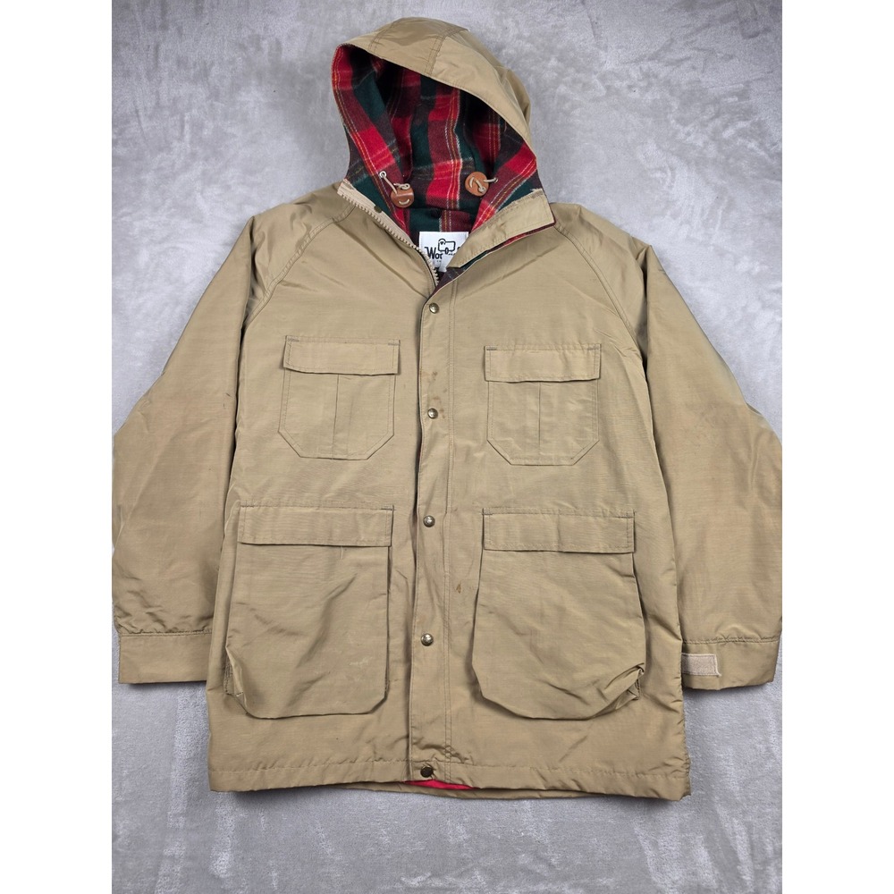 Vintage Woolrich Mountain Parka Jacket Men L Tan Plaid Wool Blend Liner USA Made
